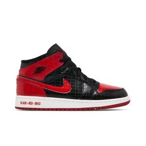 Jordan 1 Mid SE Bred Text Big Kids 4.5 Red Black White